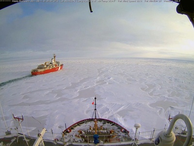 CCGS Louis S. St-Laurent, taken from the webcam mounted on the crowsnest of the US Coast Guard Cutter Healy.
