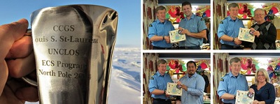 À gauche : Tasses en métal qui ont été envoyées au fond de l'océan au pôle Nord, par Jane Eert. À droite : Des membres de l'équipage scientifique reçoivent leur certificat des mains du capitaine Potts