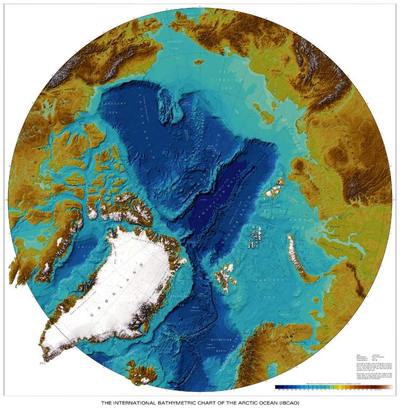 Carte bathymétrique internationale de l'océan Arctique (IBCAO). La dorsale de Lomonossov s'étend au centre