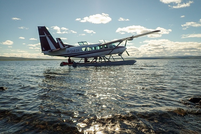 Getting to location by float plane - there are so many lakes up north you just pick your lake, land and make camp - the canoes arrive
