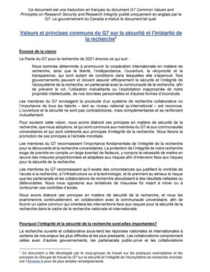 Valeurs communes et principes du G7 en matière de sécurité et d’intégrité de la recherche