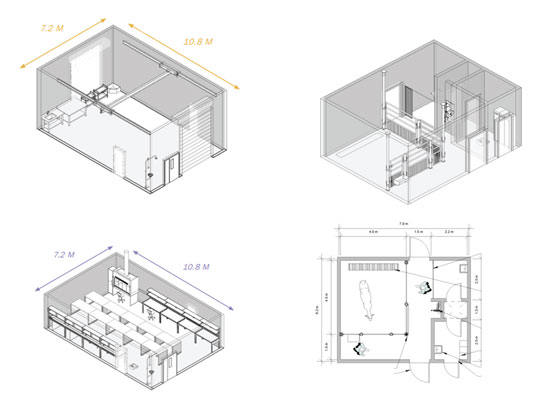 Image 1: An angled architectural drawing of a rectangular laboratory. Image 2: An angled architectural drawing of a rectangular laboratory with workbenches. Images 3 and 4: Two architectural drawings, one angled and one overhead of a laboratory to hold large animals.