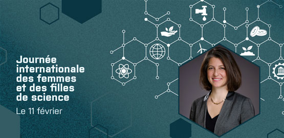 Des icônes représentant des énergies et des technologies vertes sont disposées dans un motif constitué d’hexagones reliés les uns avec les autres. Texte sur l’image : Journée internationale des femmes et des filles de science. Le 11 février.