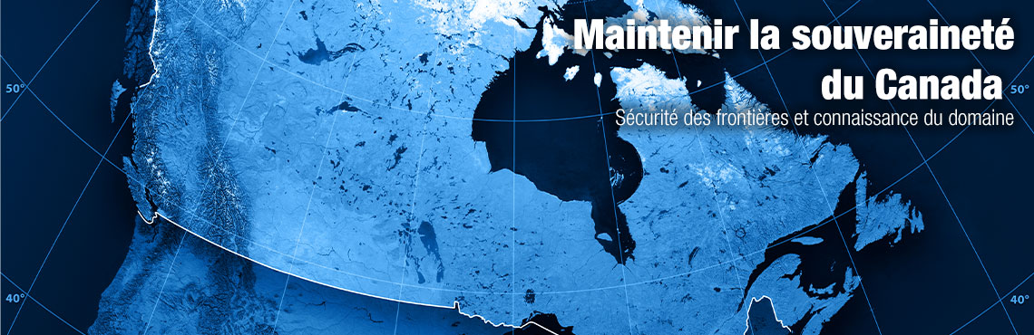 Une carte topographique du Canada avec les frontières des pays, les rivières et les lignes de longitude et de latitude. Texte sur l’image : Maintenir la souveraineté du Canada. Sécurité des frontières et connaissance du domaine