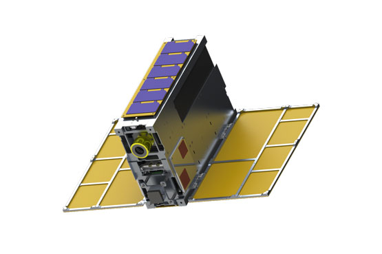 A rectangular satellite with two flat wings on each side.