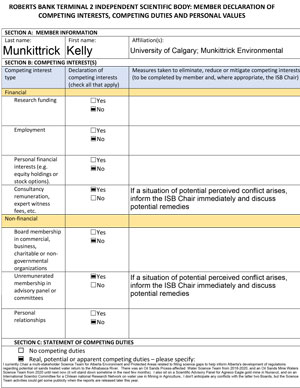 Member declaration of competing interests, competing duties and personal values: Kelly Munkittrick
