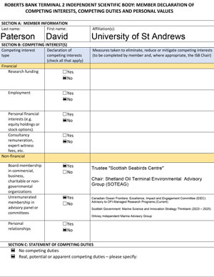 Member declaration of competing interests, competing duties and personal values: David Paterson