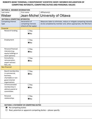 Member declaration of competing interests, competing duties and personal values: Jean-Michel Weber