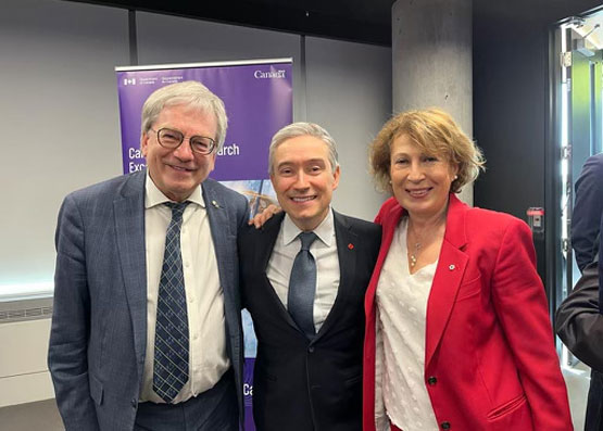 Dr. Mona Nemer joined Dr. Rémi Quirion, Chief Scientist of Québec, and The Honourable François-Philippe Champagne for the announcement of the Canada First Research Excellence Fund in Montreal on April 28, 2023.