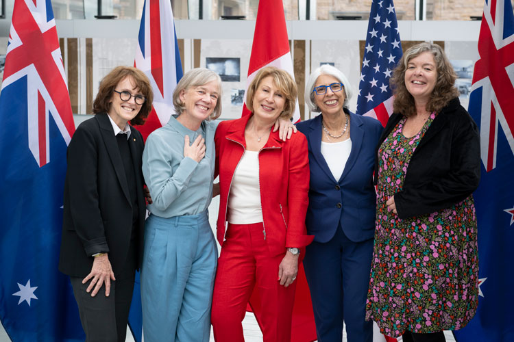 Science advisors meet in Ottawa: from left to right, Dr. Cathy Foley, Chief Scientist of Australia; Prof. Dame Angela McLean, Chief Scientific Advisor to the United Kingdom; Dr. Mona Nemer, Chief Science Advisor of Canada; Dr. Arati Prabhakar, Assistant to the President for Science and Technology and Director of the White House Office of Science and Technology Policy; and Prof. Dame Juliet Gerrard, Chief Science Advisor to New Zealand.