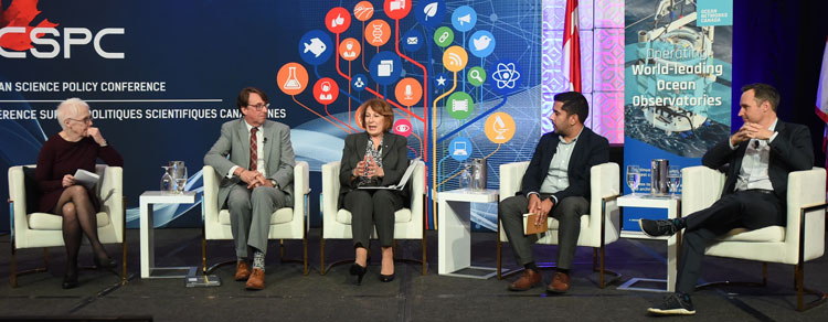 Deep dive: Dr. Mona Nemer moderates a panel discussion entitled Deep dive into ocean-climate solutions at the November 2024 conference of the Canadian Science Policy Centre. The panel explored the potential for marine geoengineering technologies to mitigate climate change, including the capacity of ocean basalt in British Columbia’s Cascadia basin to store up to 15 years’ worth of global carbon emissions.