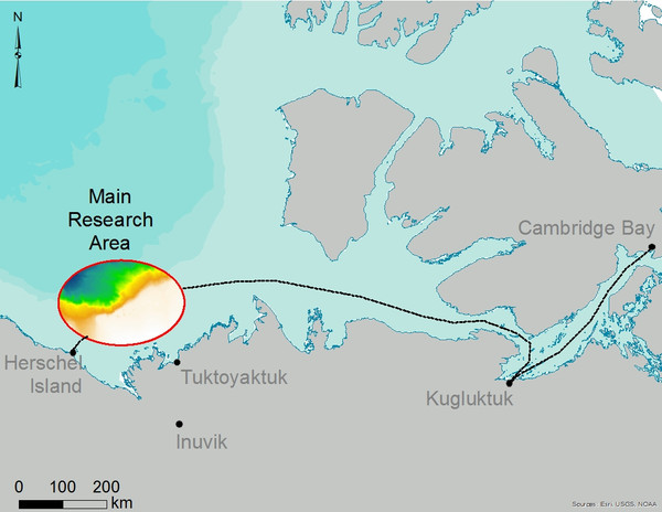 Beaufort Sea between Cape Bathurst and Herschel Island; Chukchi Plateau.