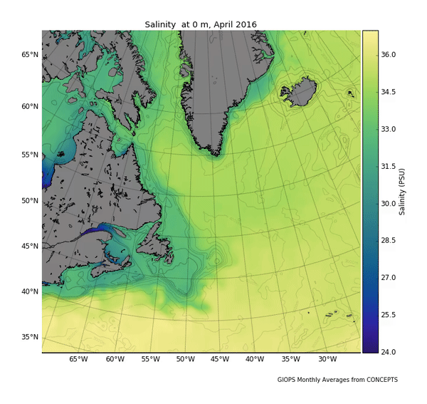 La salinité de la surface de la mer (océan Atlantique)