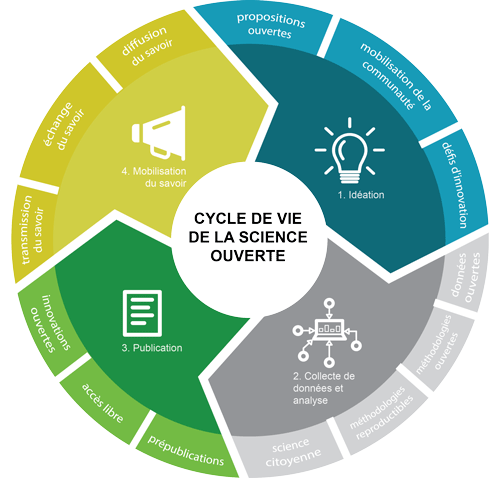 Figure 1 : Diagramme circulaire montrant les quatre grandes catégories séquentielles et cycliques de la science ouverte. Des exemples de pratiques de chaque catégorie apparaissent dans un cercle extérieur.