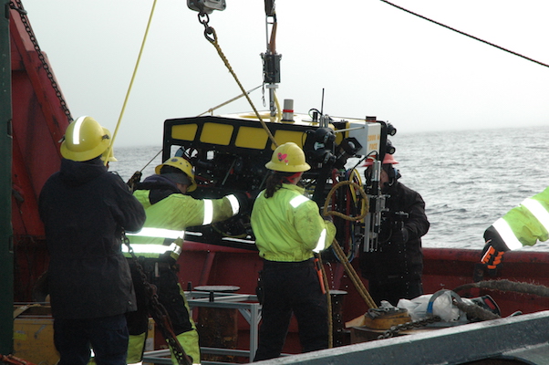  Men and women of the Canadian Coast Guard handle the lines during the MiniROV recovery.