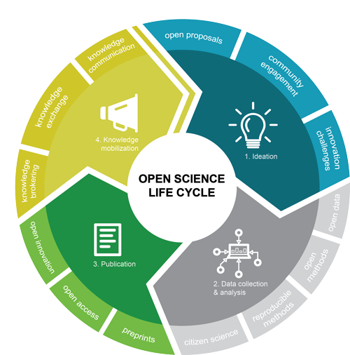 Figure 1: Circular diagram depicting four, sequential and cyclical broad categories of open science. Example practices from each category appear in an outside ring.