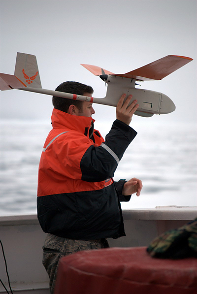 Launch of UAV from Monkey's Island on CCGS Louis S. St-Laurent by Captain Stephen Wackowski of the US Air Force. Photo by Hans Böggild