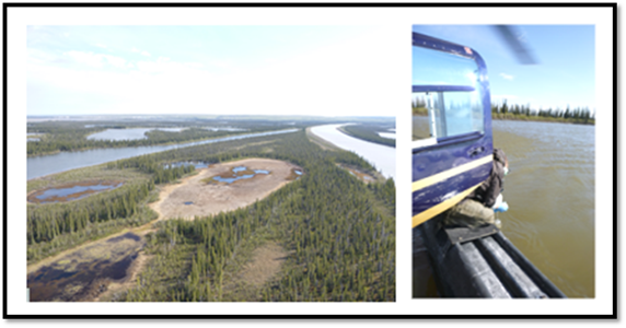  Vue aérienne du delta du Mackenzie (à gauche). Mitchell prélevant des échantillons d'eau pendant la campagne héliportée de relevés en eau libre dans 43 lacs (à droite).