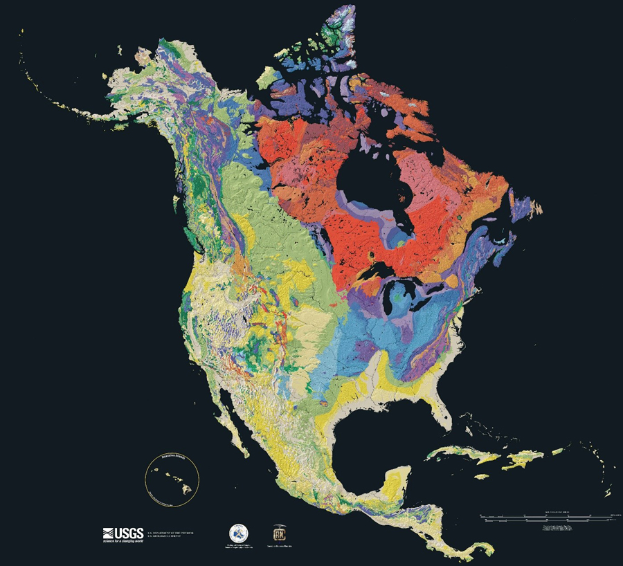 Figure 2: The North America Tapestry of Time and Terrain by Barton, Howell and Vigil. This map shows the rocks of North America coloured by their geological ages, with red being the oldest, and yellow-white being the youngest.