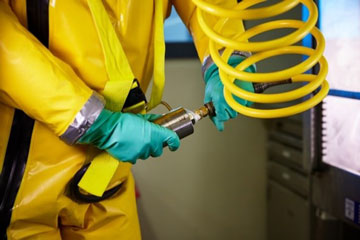 A scientist in a positive pressure suit with a breathing supply hose in a BSL4 (or CL4) lab.