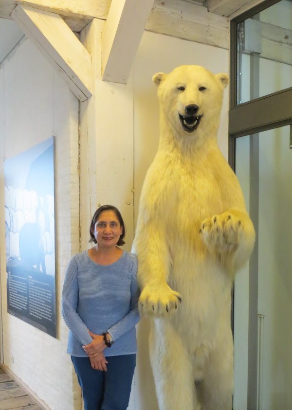 Research Scientist, Dr. Ashu Dastoor, standing beside a mounted polar bear during her first work session with the Mercury Expert Group. 