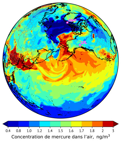 Figure 1 : Carte du globe montrant le déplacement des émissions de mercure par le vent vers l’Arctique. 