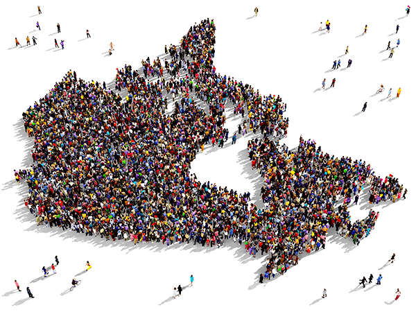 Illustration: Large and diverse group of people seen from above gathered together in the shape of Canada