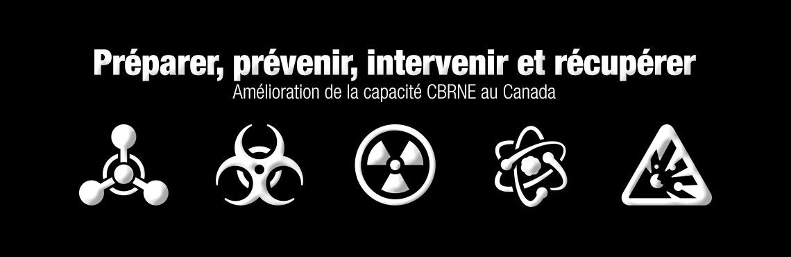 Cinq symboles de danger. Chimique, biologique, radiologique, nucléaire et explosif. Le texte se lit comme suit : «  Préparer, prévenir, intervenir et récupérer. Amélioration de la capacité CBRNE au Canada ».