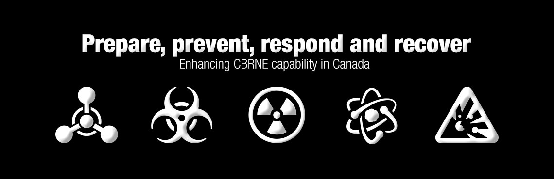 Five hazard symbols. Chemical, biological, radiological, nuclear, and explosives. Text on image: Prepare, prevent, respond and recover Enhancing CBRNE capability in Canada.