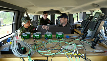 Guerre de la navigation : mise à l’essai du système GPS de qualité militaire le plus avancé au monde / Trois personnes sont assises devant quatre récepteurs GPS verts reliés à de nombreux fils