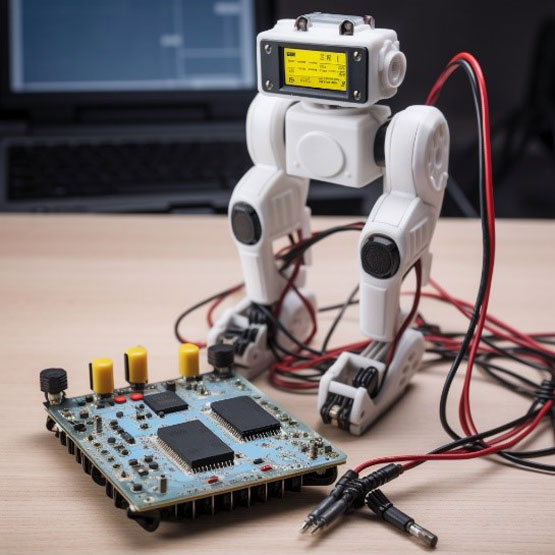 A white robot on a table with wires and electrical components.
